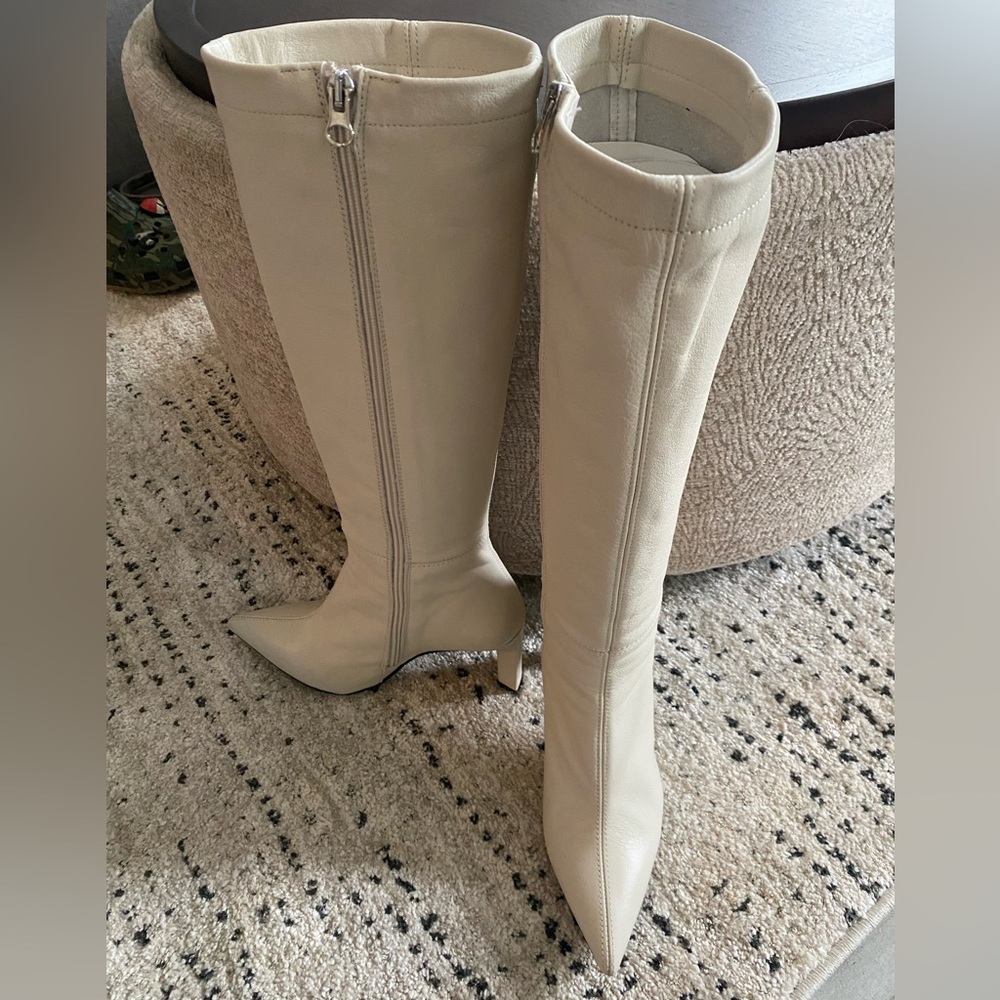 Women's Knee-High Pointed Toe Leather Boots - Cream - Picture 3 of 4